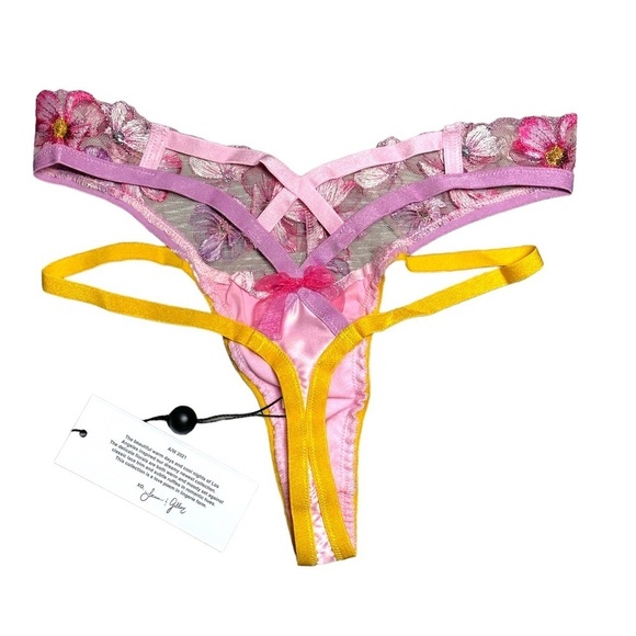 For Love & Lemons Floral Pink/Purple Satin Thong Panties US XXS - Picture 7 of 10